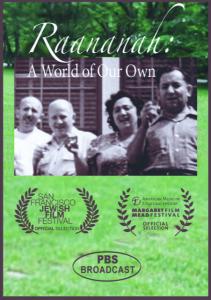 Film poster for Raananah: A World of Our Own shows a black-and-white photo of Eastern European Jewish men and women smiling for the camera, the film title, and film festival laurels.
